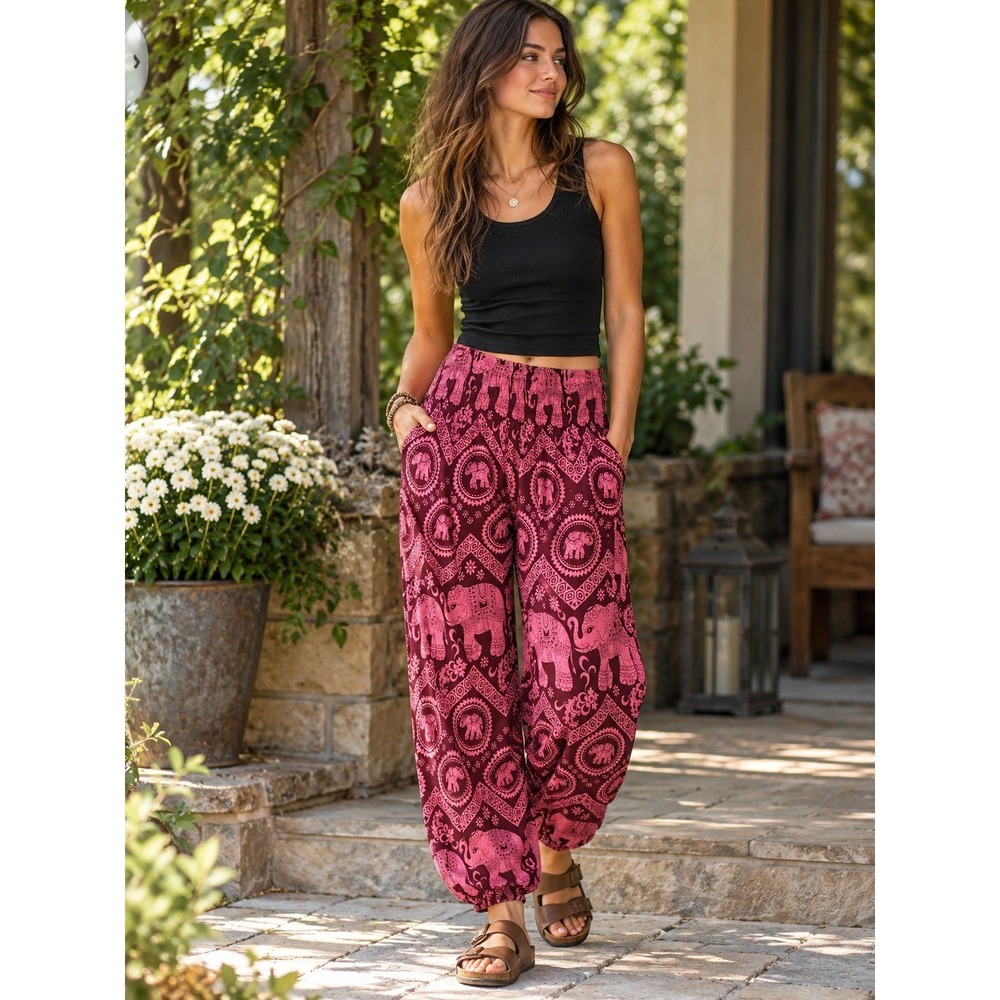 Elephant Pants XL Pink Burgundy Elephant Print Boho Harem Pants Hippie Festival